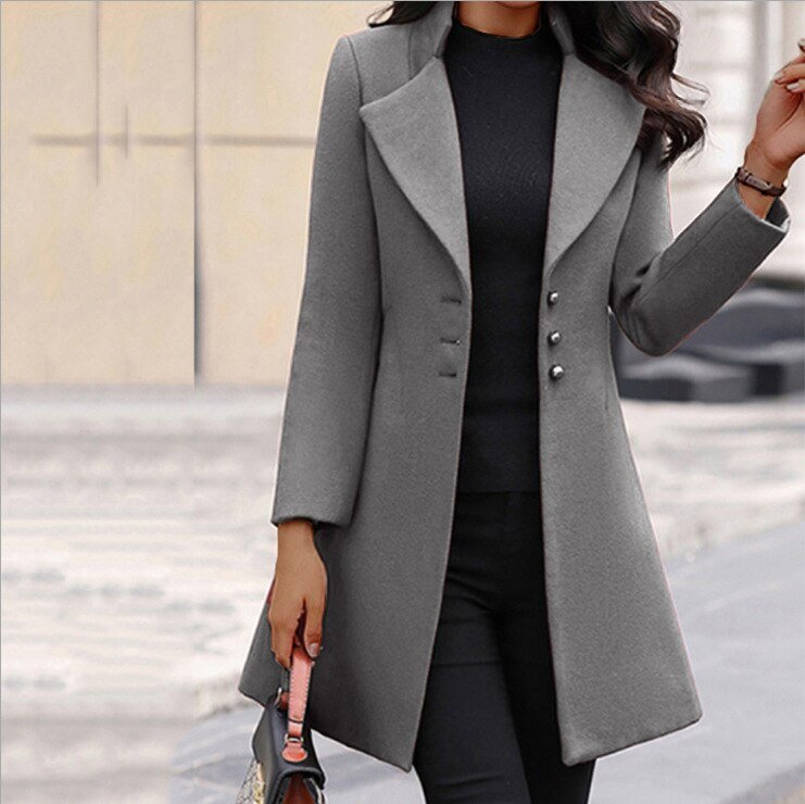 Women's Folded Collar Longline Coat – Relaxed Button Front Winter Coat