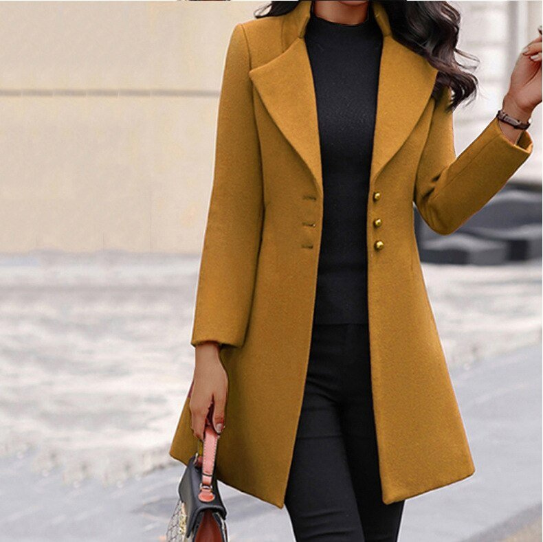 Women's Folded Collar Longline Coat – Relaxed Button Front Winter Coat