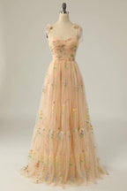 Women's Floral Embroidered Tulle Gown – A-Line Formal Evening Dress
