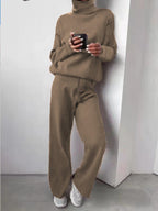 Women's Roll Neck Two-Piece Set – Long Sleeve Top & Matching Bottom