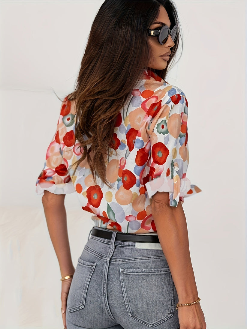 Women's Floral Button Blouse – Long Sleeve Printed Shirt Blouse