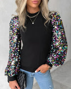 Women's Contrast Sequin Blouse – Long Lantern Sleeve Sparkly Blouse