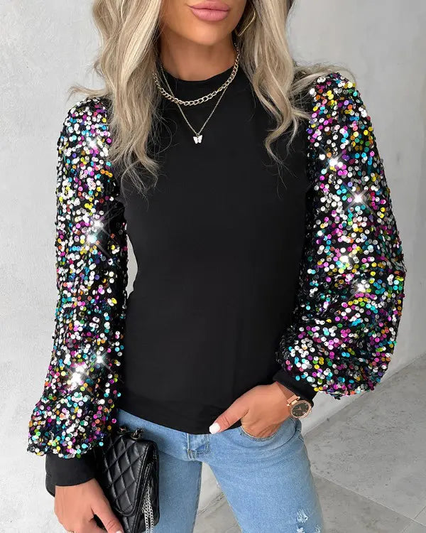 Women's Contrast Sequin Blouse – Long Lantern Sleeve Sparkly Blouse