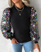 Women's Contrast Sequin Blouse – Long Lantern Sleeve Sparkly Blouse