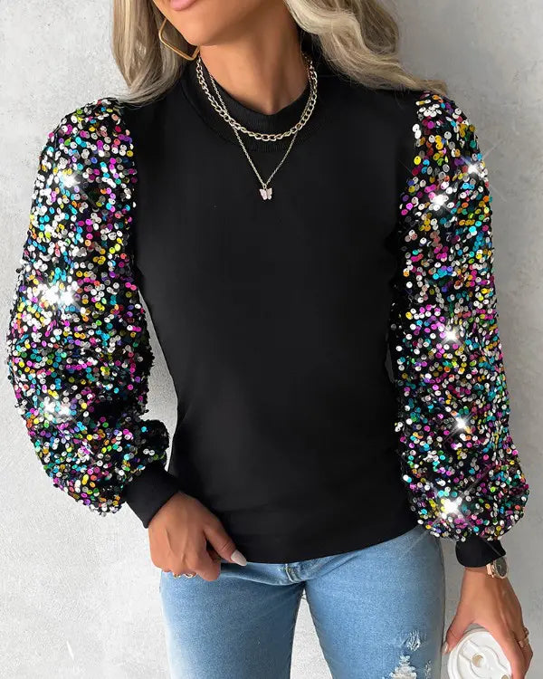 Women's Contrast Sequin Blouse – Long Lantern Sleeve Sparkly Blouse