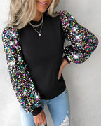 Women's Contrast Sequin Blouse – Long Lantern Sleeve Sparkly Blouse