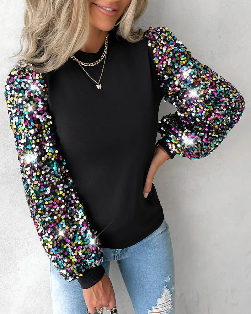 Women's Contrast Sequin Blouse – Long Lantern Sleeve Sparkly Blouse