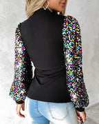 Women's Contrast Sequin Blouse – Long Lantern Sleeve Sparkly Blouse