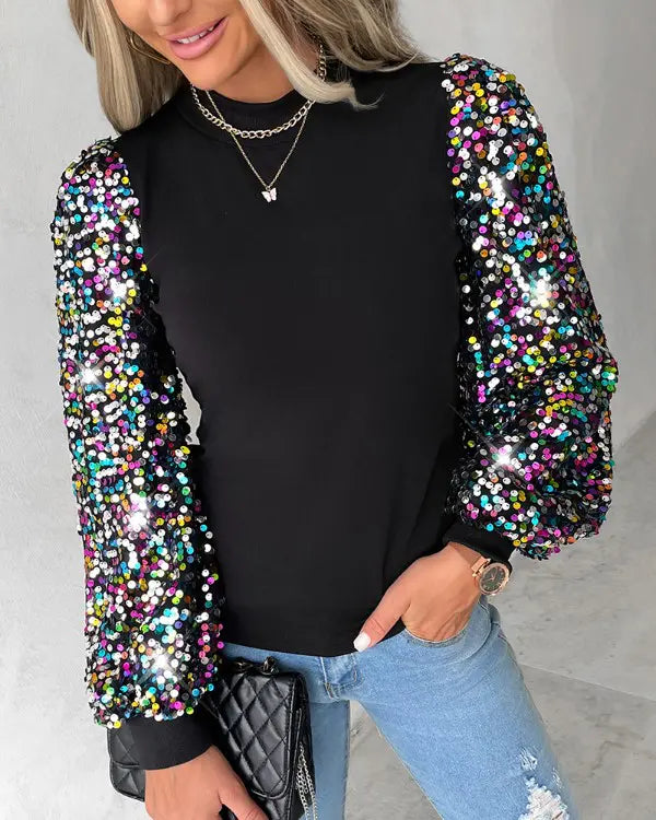 Women's Contrast Sequin Blouse – Long Lantern Sleeve Sparkly Blouse