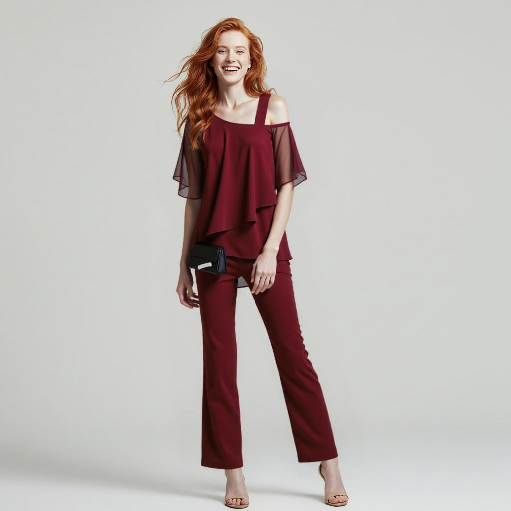 Women's Cold Shoulder Two-Piece Set – Tailored Top & Wide Leg Pants Set