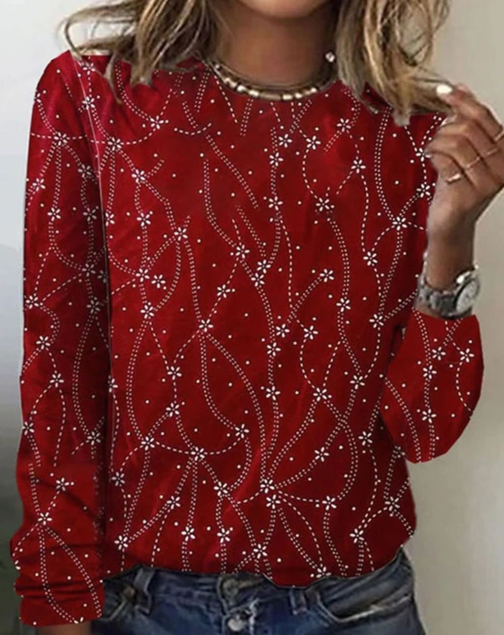 Women's Floral Knit Sweater – Round Neck Long Sleeve Sweater