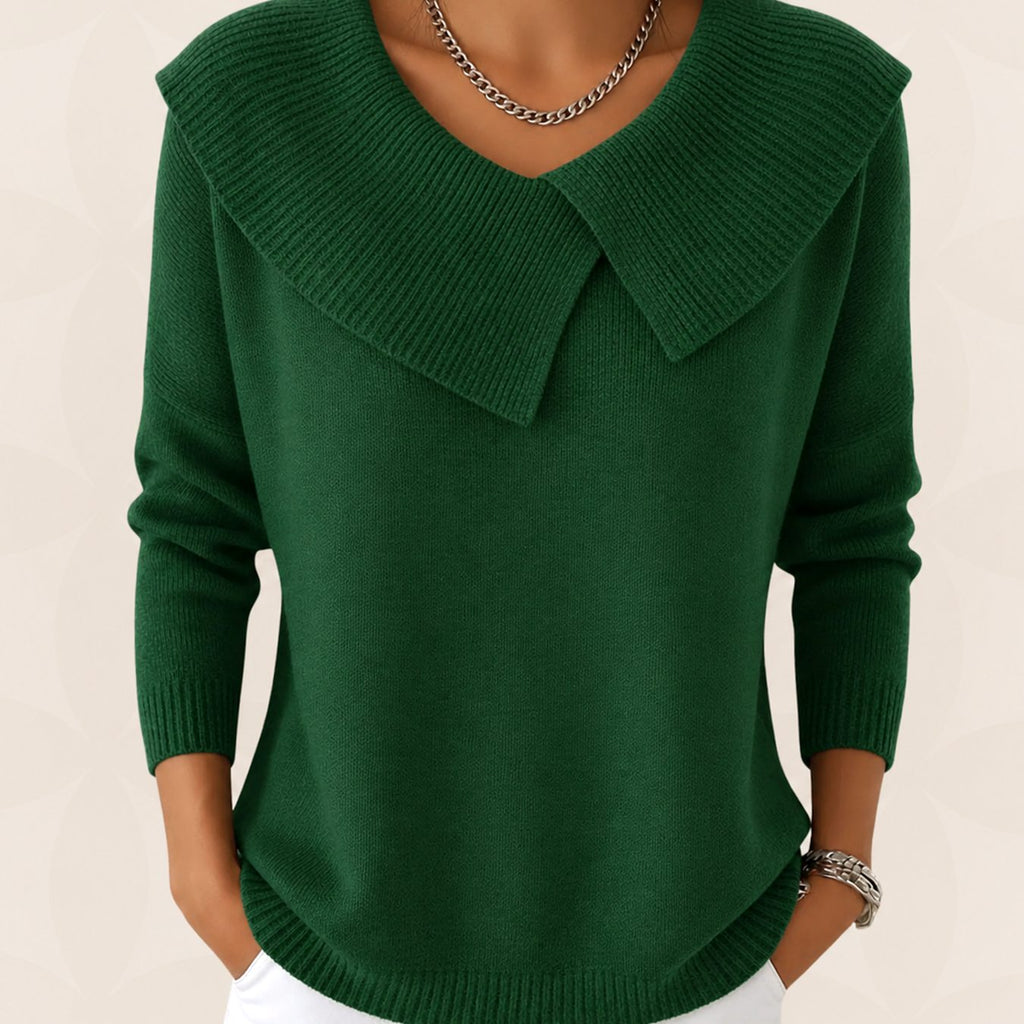 Women's Pleated Collar Knit Sweater – Relaxed Long Sleeve Sweater