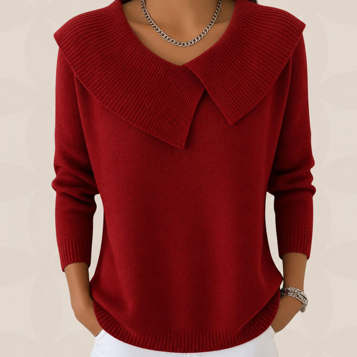 Women's Pleated Collar Knit Sweater – Relaxed Long Sleeve Sweater