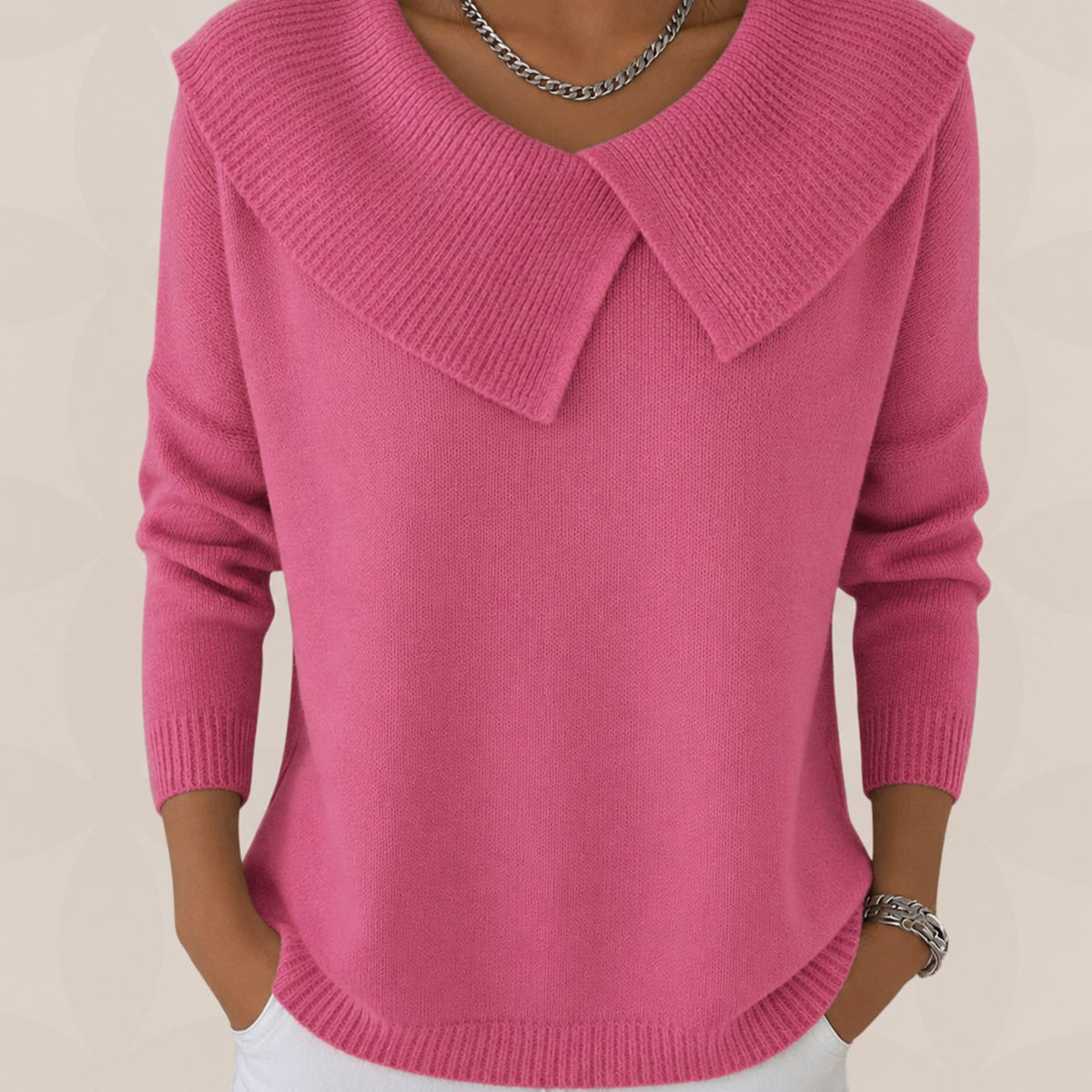 Women's Pleated Collar Knit Sweater – Relaxed Long Sleeve Sweater