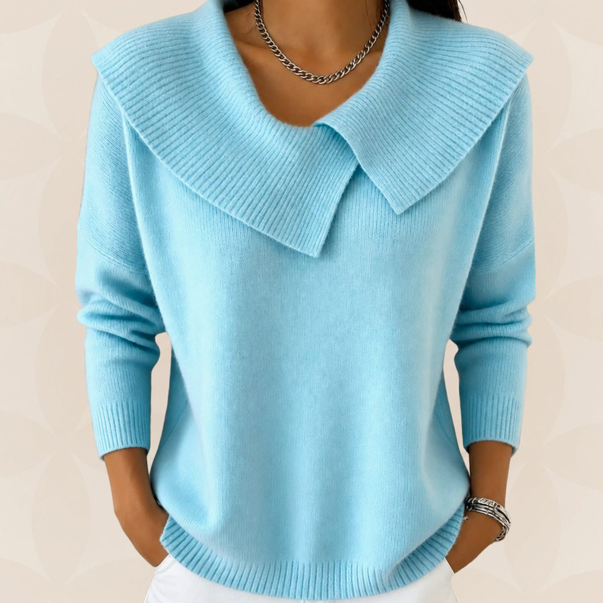 Women's Pleated Collar Knit Sweater – Relaxed Long Sleeve Sweater