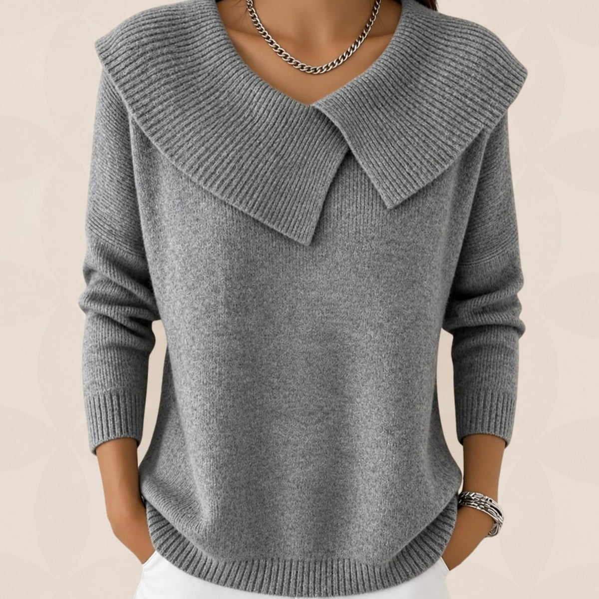 Women's Pleated Collar Knit Sweater – Relaxed Long Sleeve Sweater