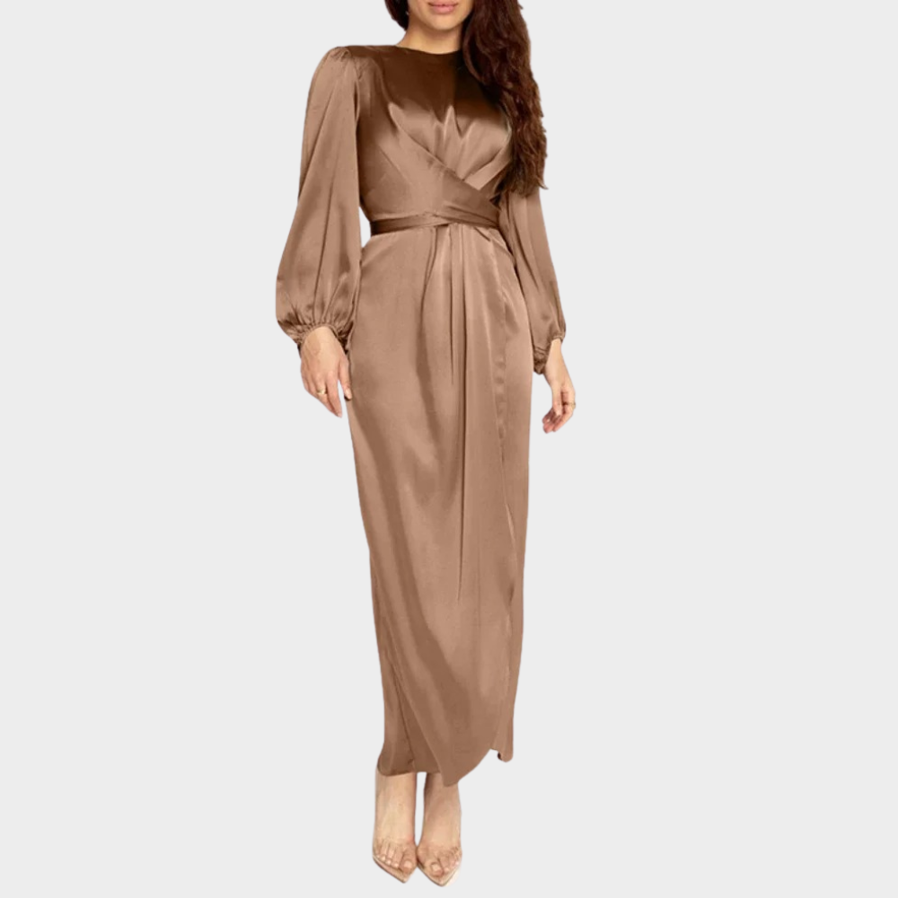 Women's Tailored Long Sleeve Maxi Dress – Fitted Waist Formal Evening Gown