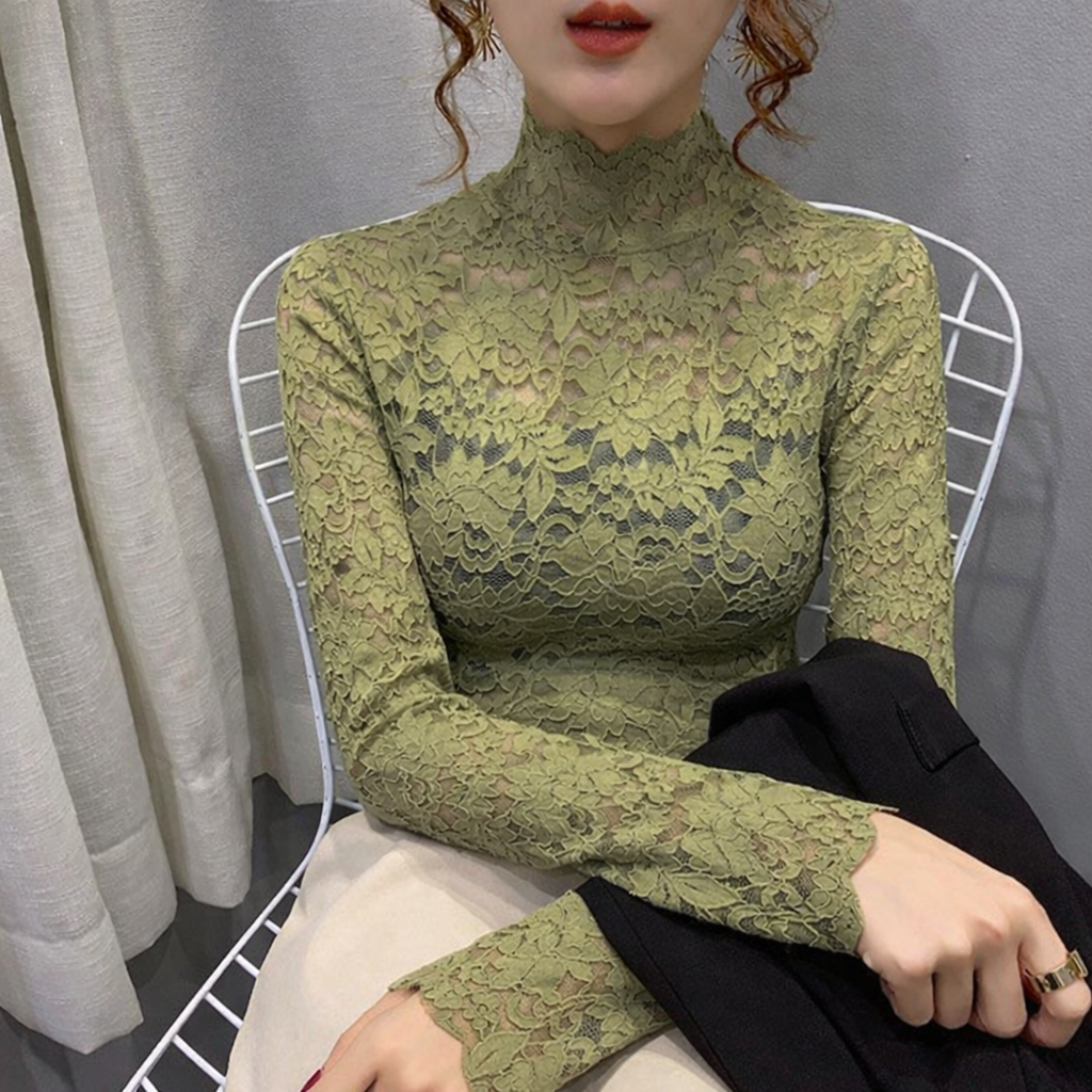Women's Fitted High Neck Lace Blouse – Long Sleeve Evening Blouse