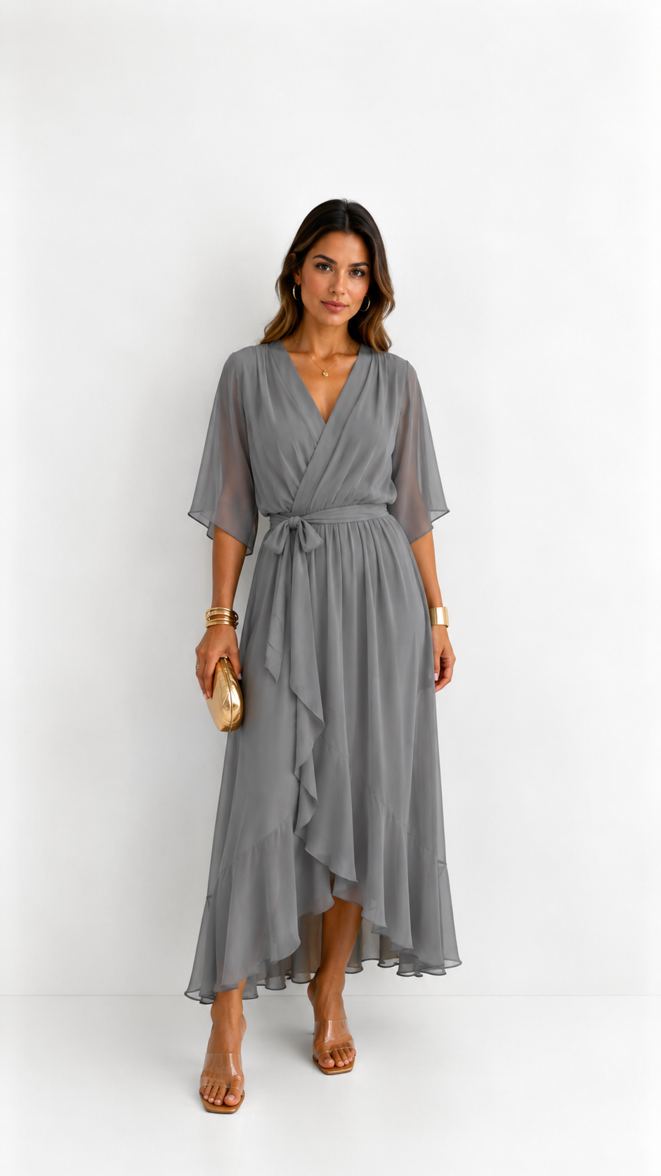 Women's Belted Wrap Dress – V-Neck Defined Waist Occasion Dress