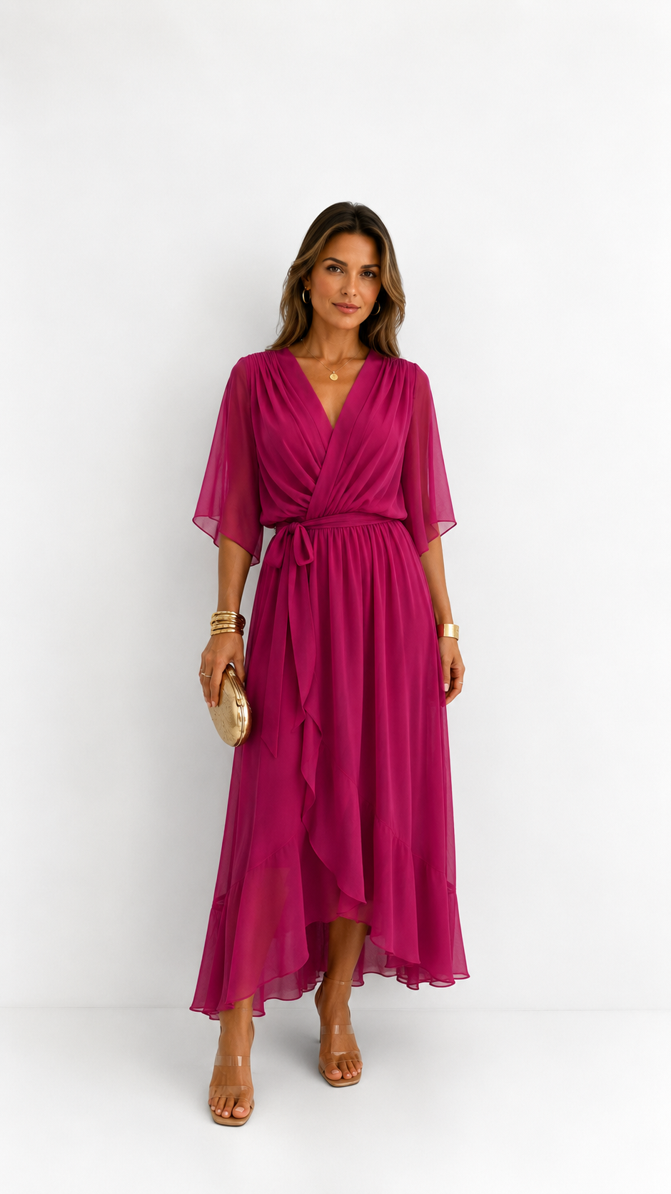 Women's Belted Wrap Dress – V-Neck Defined Waist Occasion Dress
