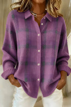 Women's Button Front Plaid Cardigan – Patterned Long Sleeve Knit Cardigan
