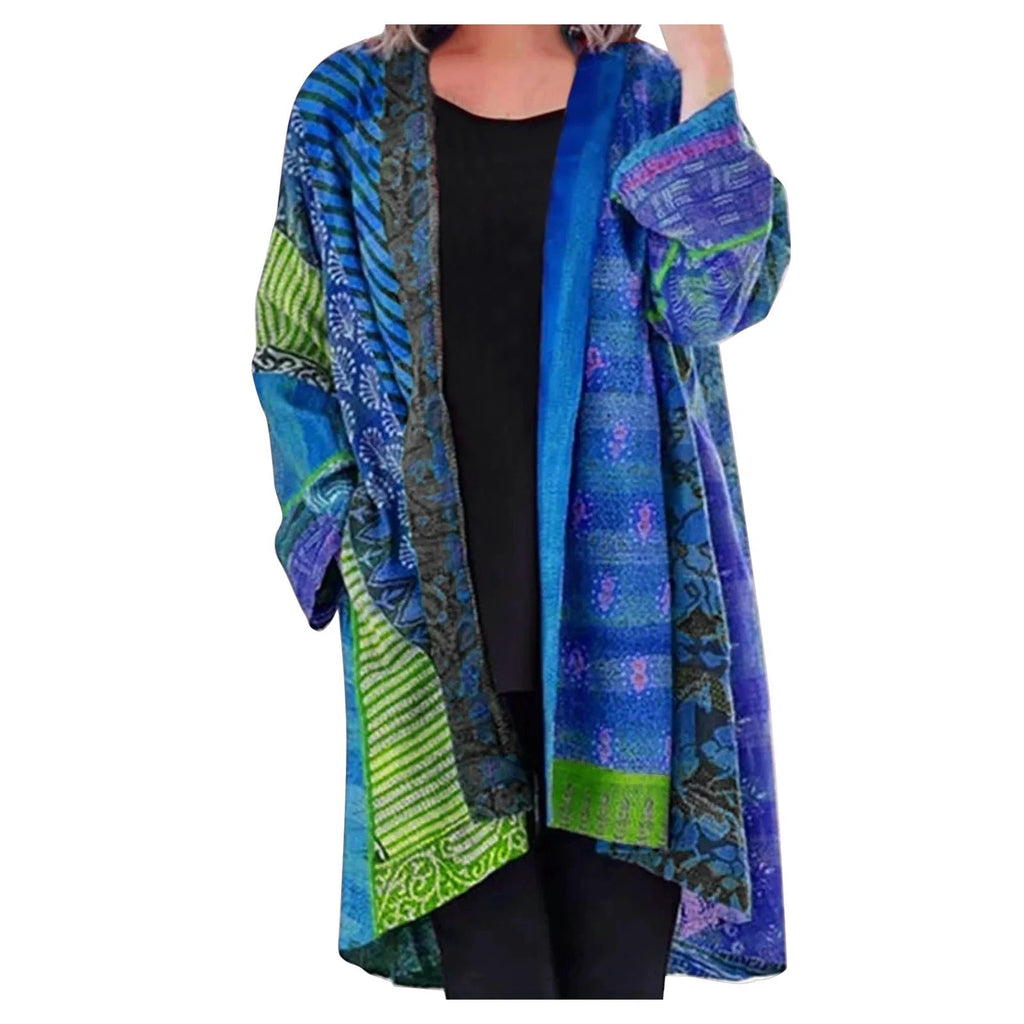 Women's Boho Patchwork Cardigan – Oversized Open Front Pocket Cardigan