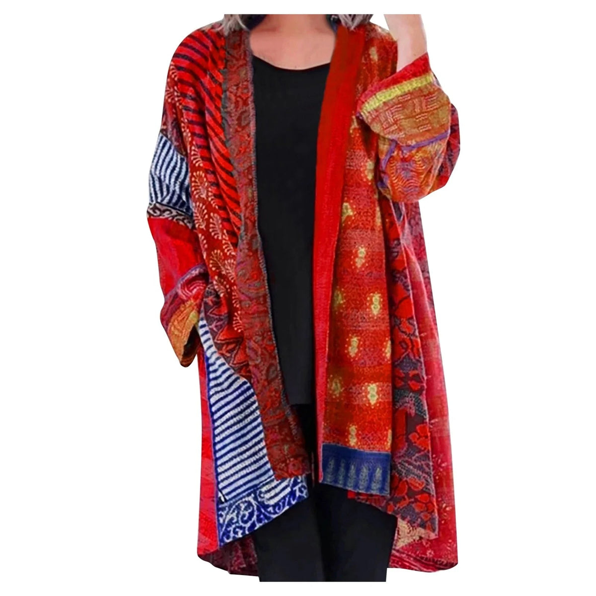 Women's Boho Patchwork Cardigan – Oversized Open Front Pocket Cardigan