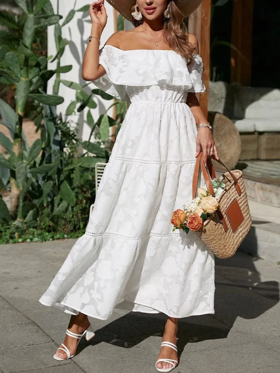 Women's Off-Shoulder Wedding Guest Maxi Dress – Layered Flowy Occasion Dress