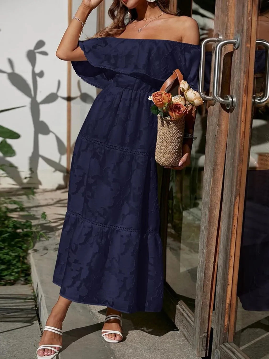Women's Off-Shoulder Wedding Guest Maxi Dress – Layered Flowy Occasion Dress