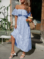 Women's Off-Shoulder Wedding Guest Maxi Dress – Layered Flowy Occasion Dress