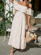 Women's Off-Shoulder Wedding Guest Maxi Dress – Layered Flowy Occasion Dress