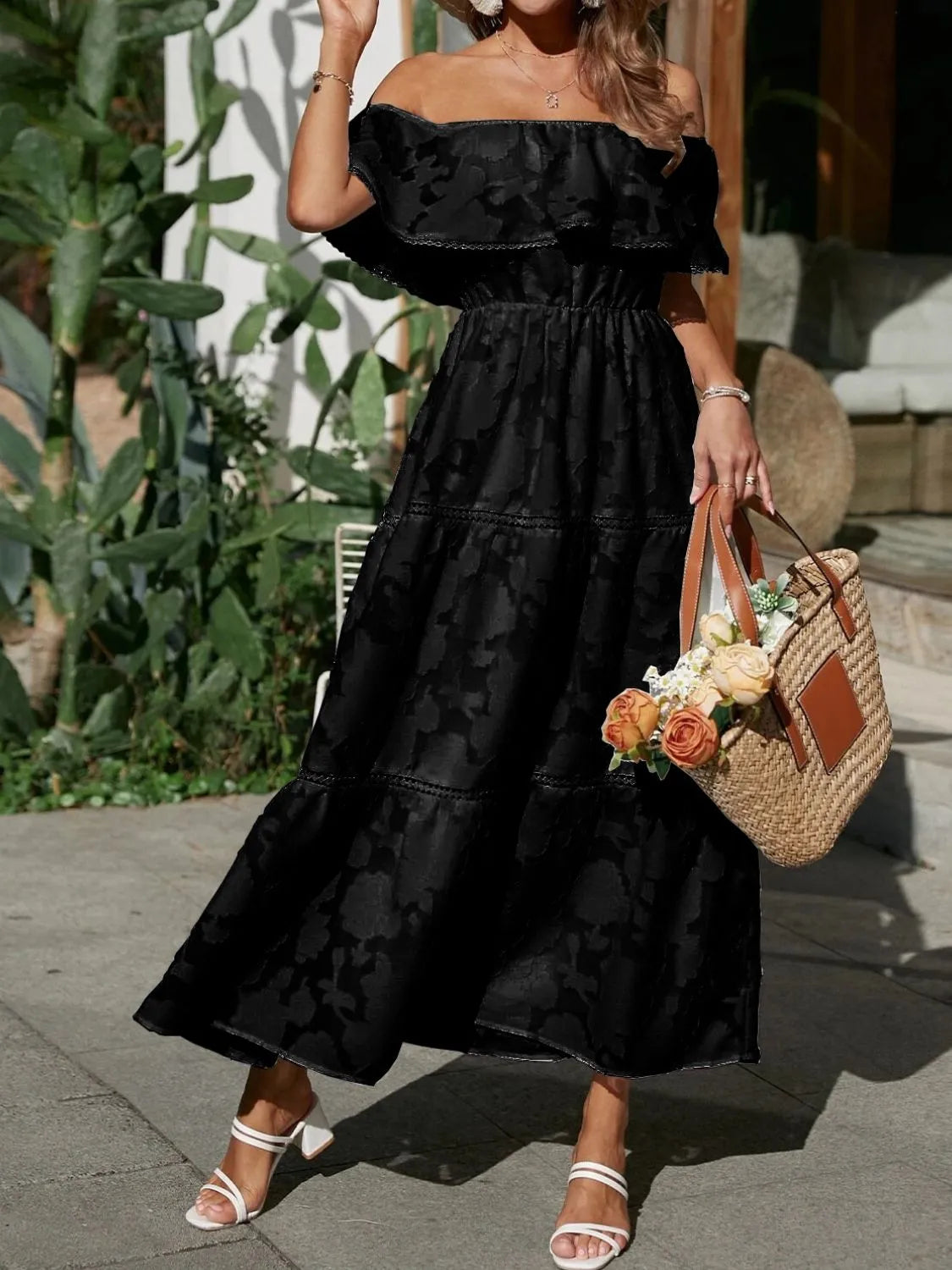 Women's Off-Shoulder Wedding Guest Maxi Dress – Layered Flowy Occasion Dress