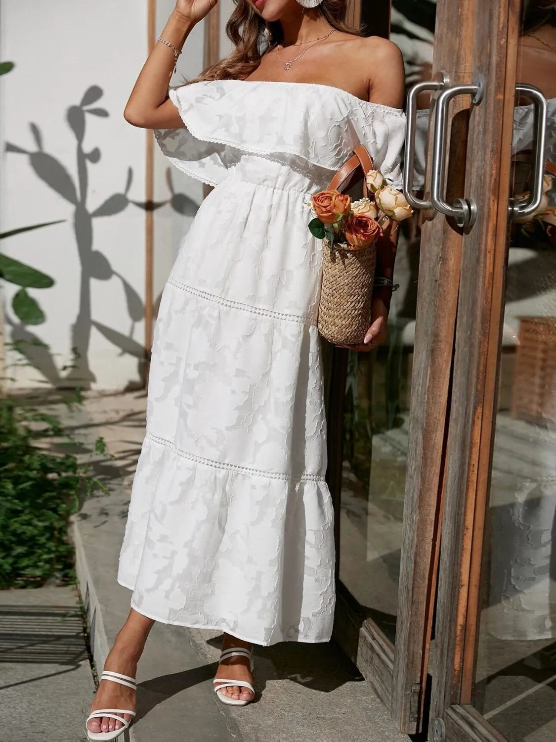 Women's Off-Shoulder Wedding Guest Maxi Dress – Layered Flowy Occasion Dress