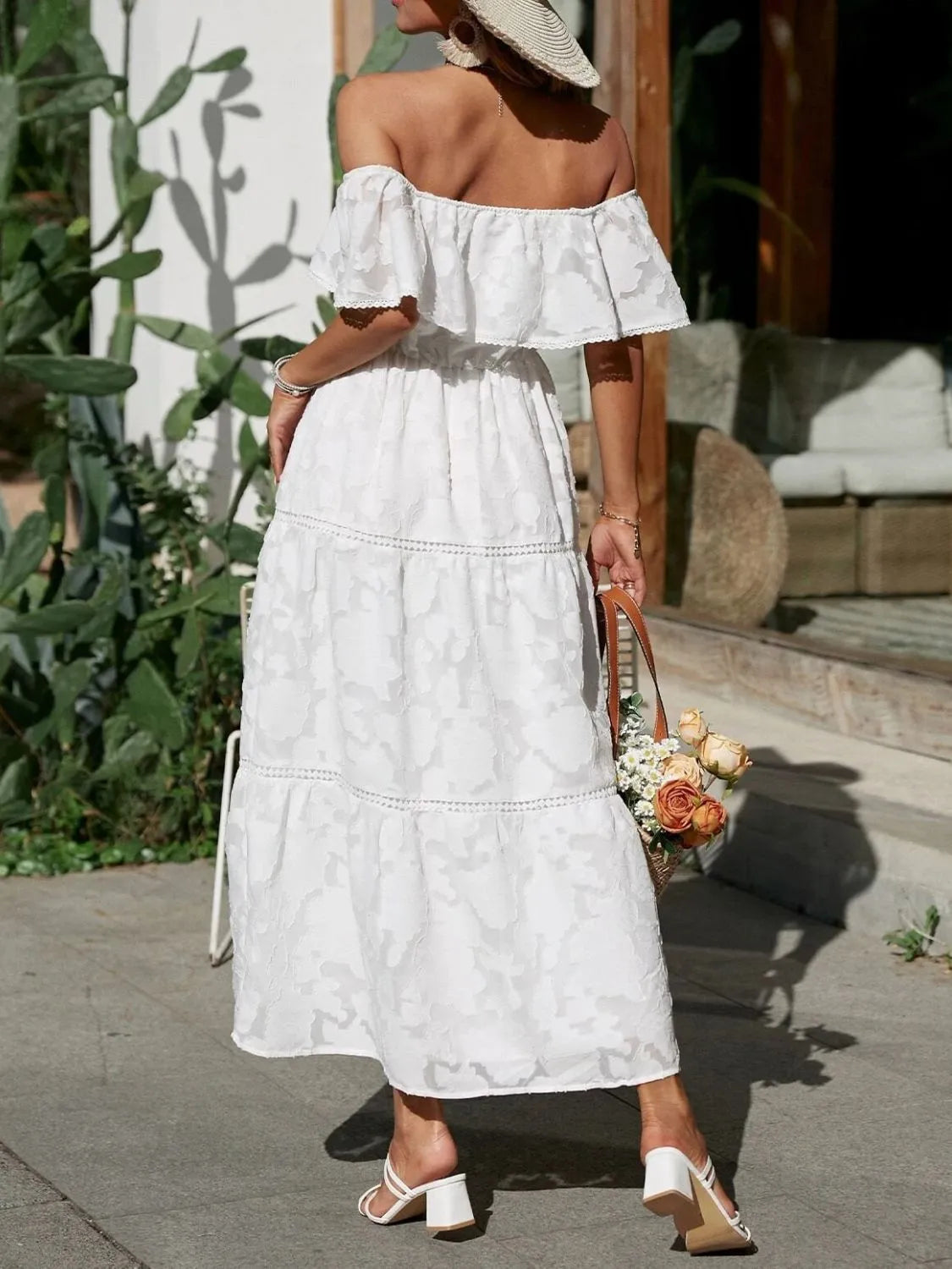 Women's Off-Shoulder Wedding Guest Maxi Dress – Layered Flowy Occasion Dress