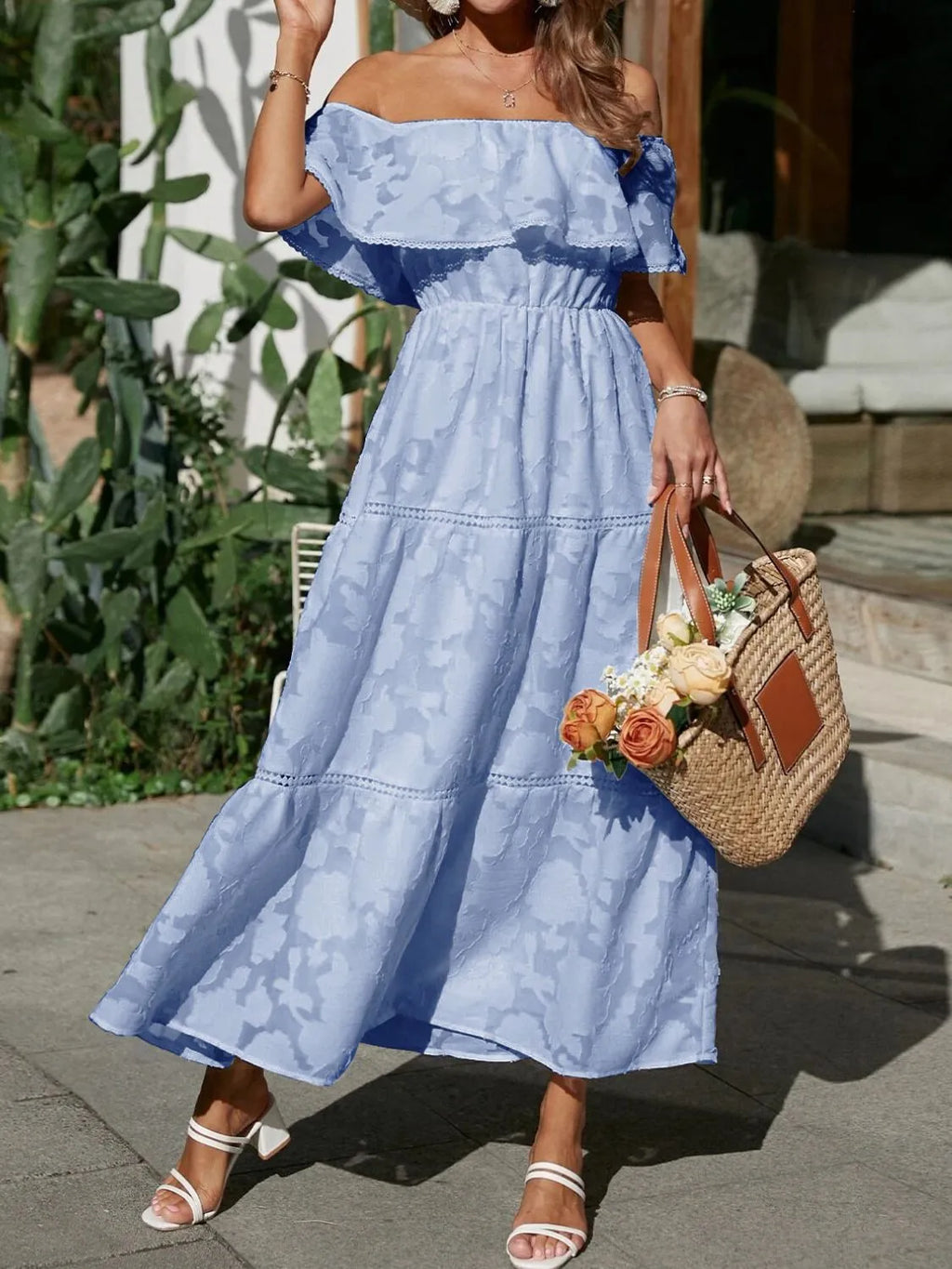 Women's Off-Shoulder Wedding Guest Maxi Dress – Layered Flowy Occasion Dress