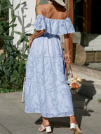 Women's Off-Shoulder Wedding Guest Maxi Dress – Layered Flowy Occasion Dress