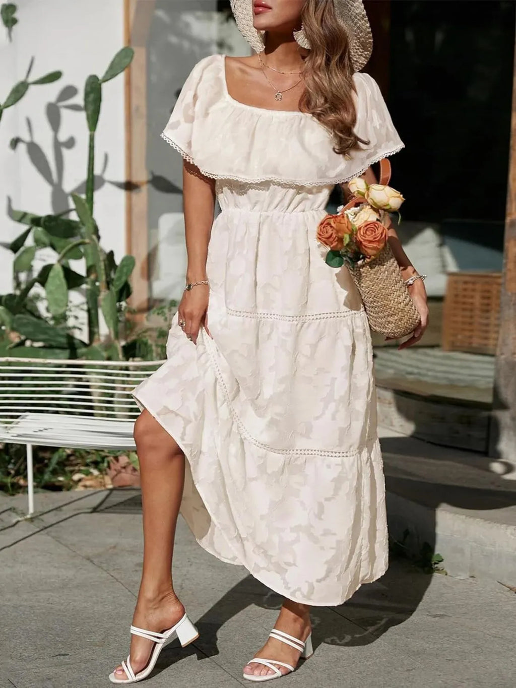 Women's Off-Shoulder Wedding Guest Maxi Dress – Layered Flowy Occasion Dress