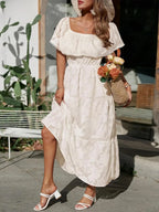 Women's Off-Shoulder Wedding Guest Maxi Dress – Layered Flowy Occasion Dress