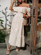 Women's Off-Shoulder Wedding Guest Maxi Dress – Layered Flowy Occasion Dress