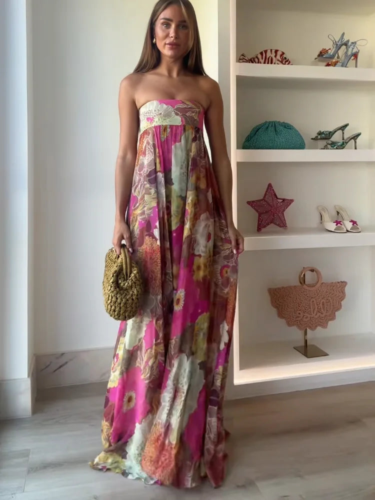 Women's Floral Wedding Guest Maxi Dress – Strapless Flowy Occasion Dress