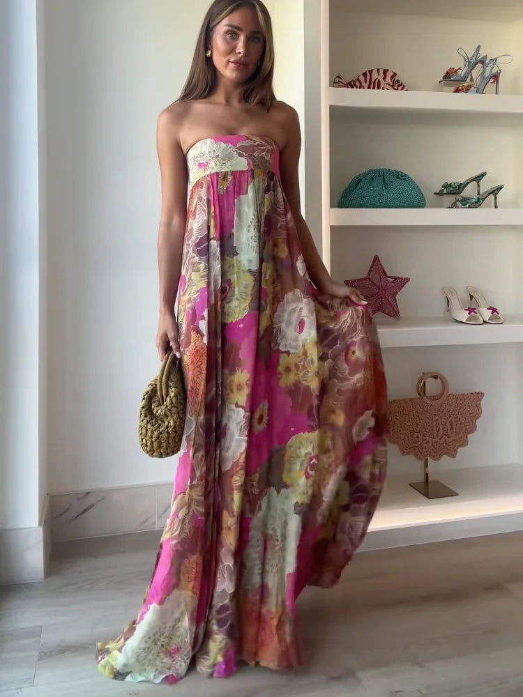 Women's Floral Wedding Guest Maxi Dress – Strapless Flowy Occasion Dress