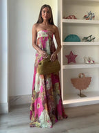 Women's Floral Wedding Guest Maxi Dress – Strapless Flowy Occasion Dress
