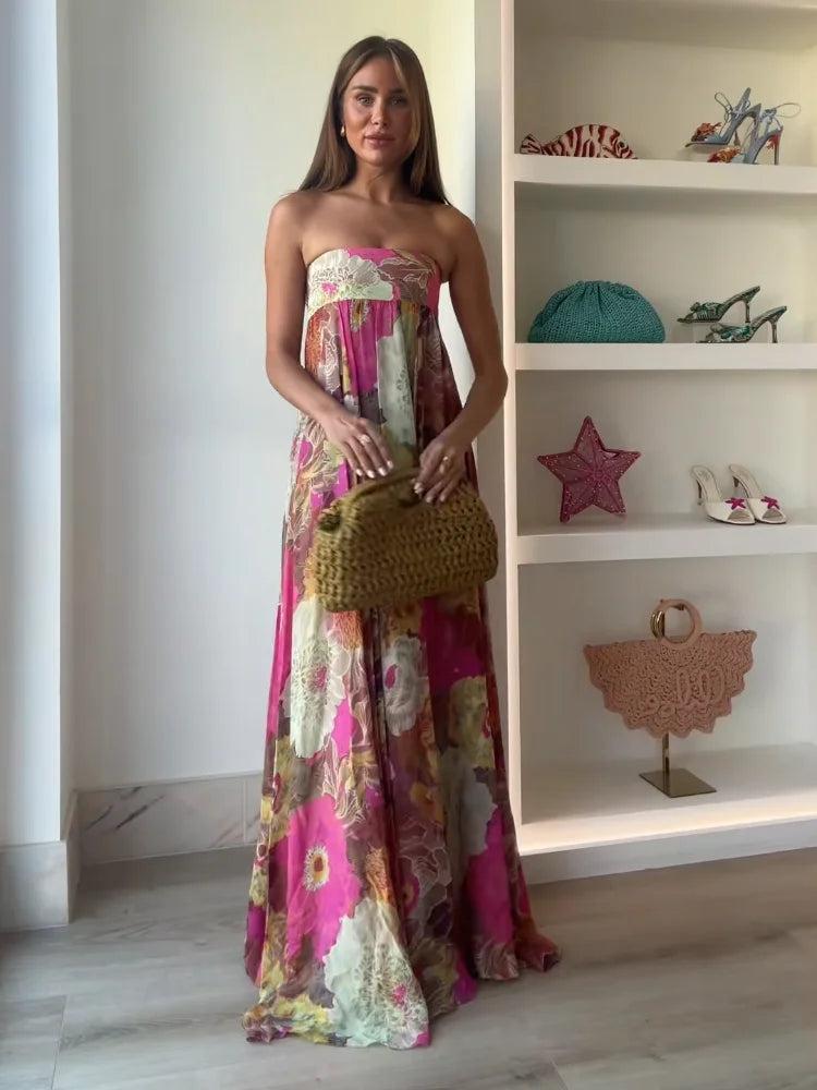 Women's Floral Wedding Guest Maxi Dress – Strapless Flowy Occasion Dress