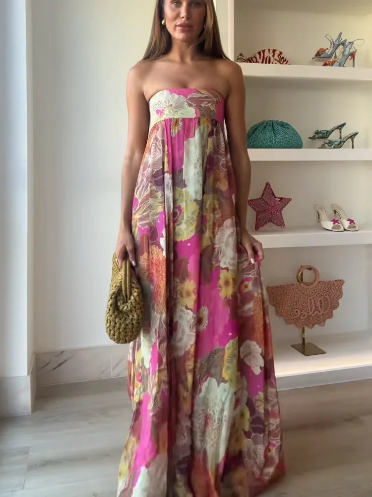 Women's Floral Wedding Guest Maxi Dress – Strapless Flowy Occasion Dress