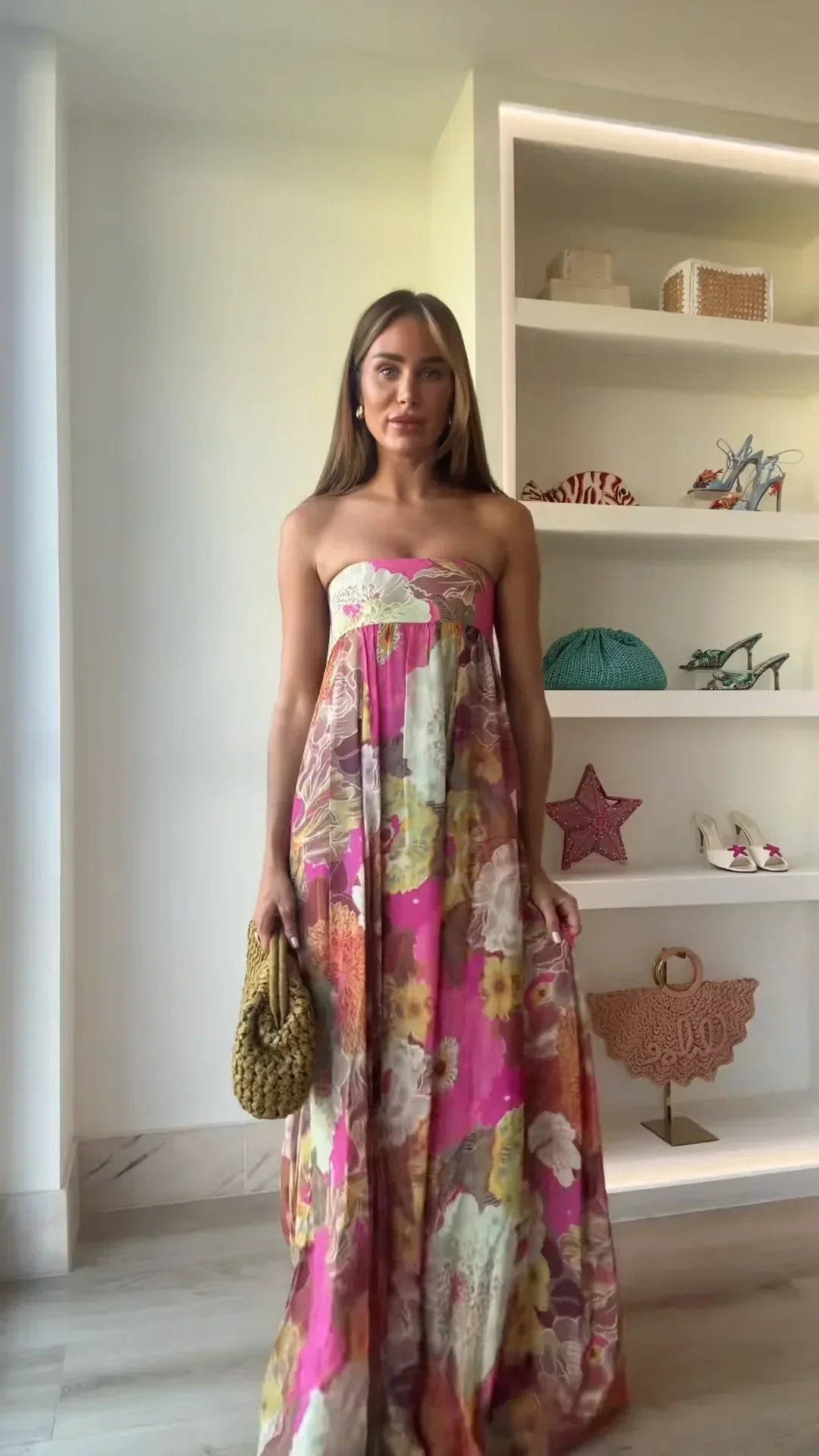 Women's Floral Wedding Guest Maxi Dress – Strapless Flowy Occasion Dress