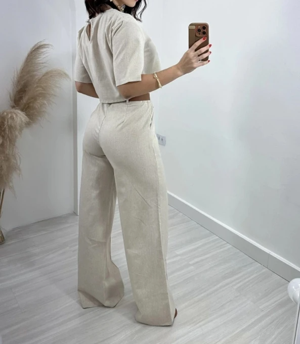 Women's Flared High Waist Trousers Set – Relaxed Casual Matching Top Set