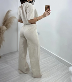 Women's Flared High Waist Trousers Set – Relaxed Casual Matching Top Set