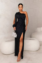Women's Draped Wedding Guest Midi Dress – Flowy Formal Occasion Dress