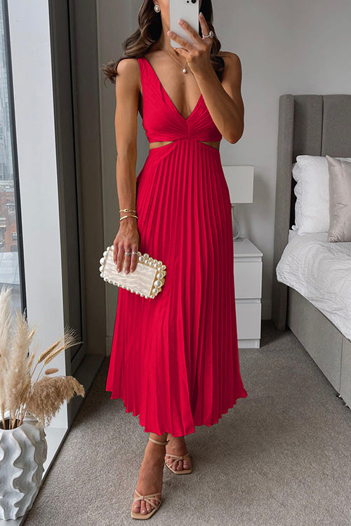 Women's Deep V-Neck Pleated Dress – Side Cutout Fitted Cocktail Midi Dress