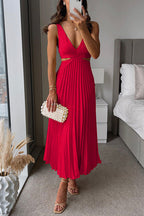 Women's Deep V-Neck Pleated Dress – Side Cutout Fitted Cocktail Midi Dress